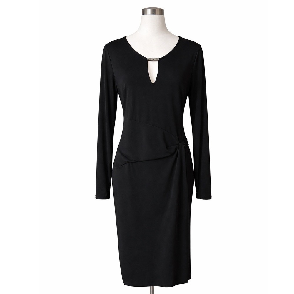 Michael Michael Kors Black Long Sleeve Keyhole Sheath Dress with Side Knot Drape
